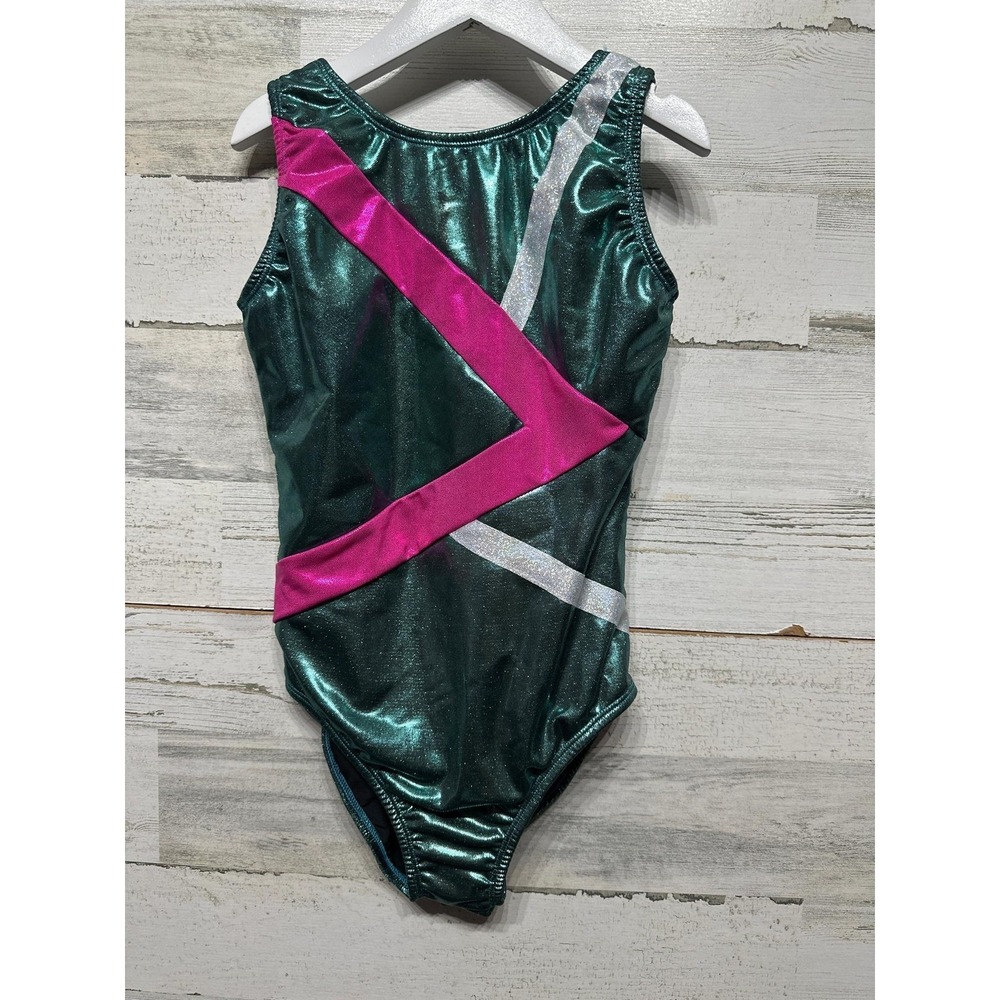 Dancina Leotard Girls Size 10 Teal Pink Metallic Gymnastics Dance EUC